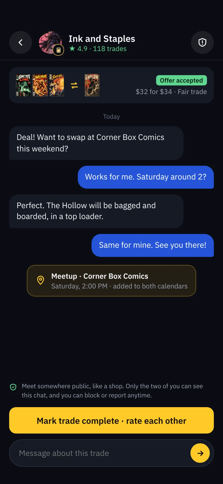 Trade chat with Ink and Staples after the offer was accepted: they agree to meet at Corner Box Comics on Saturday, with a block and report button and a Mark trade complete button