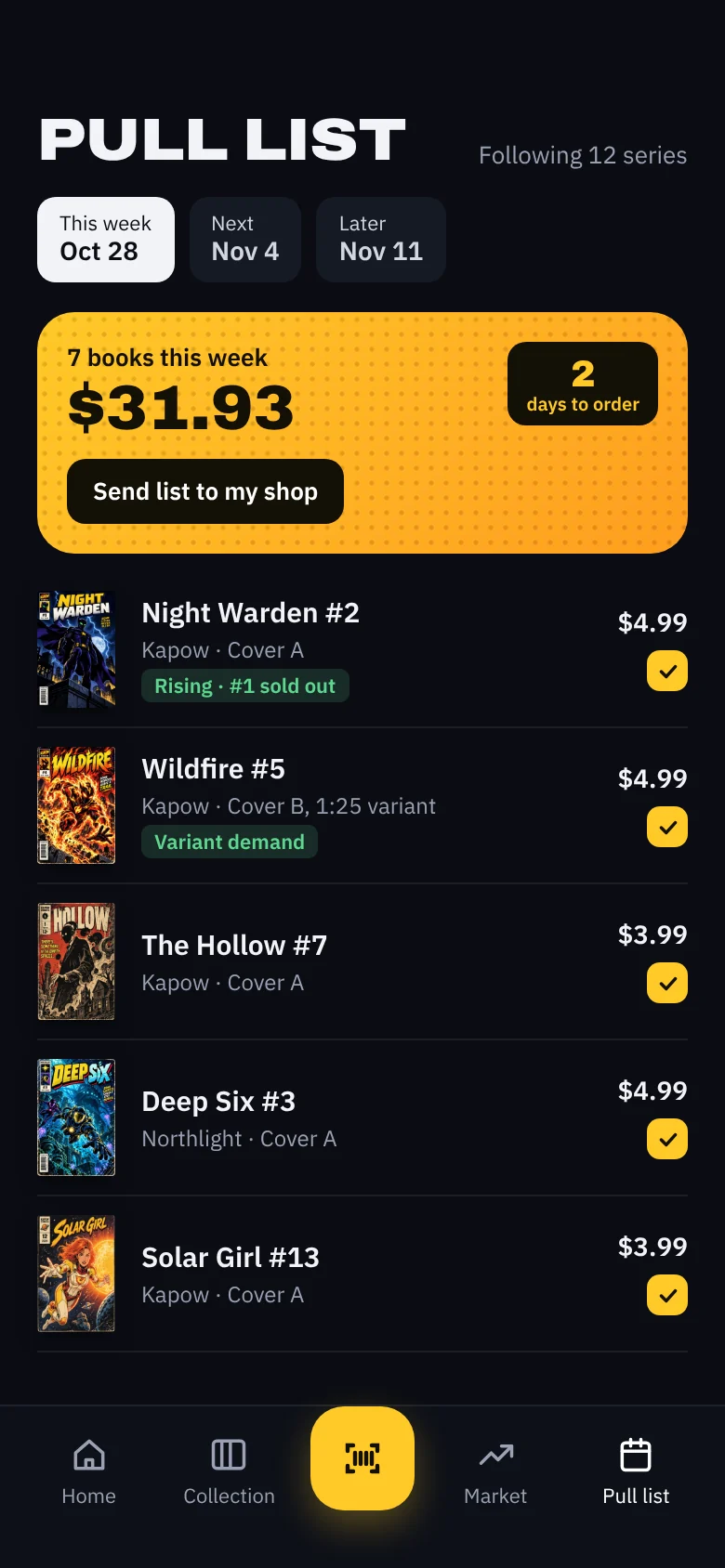Pull list showing 7 books this week for $31.93, two days before the shop places its order
